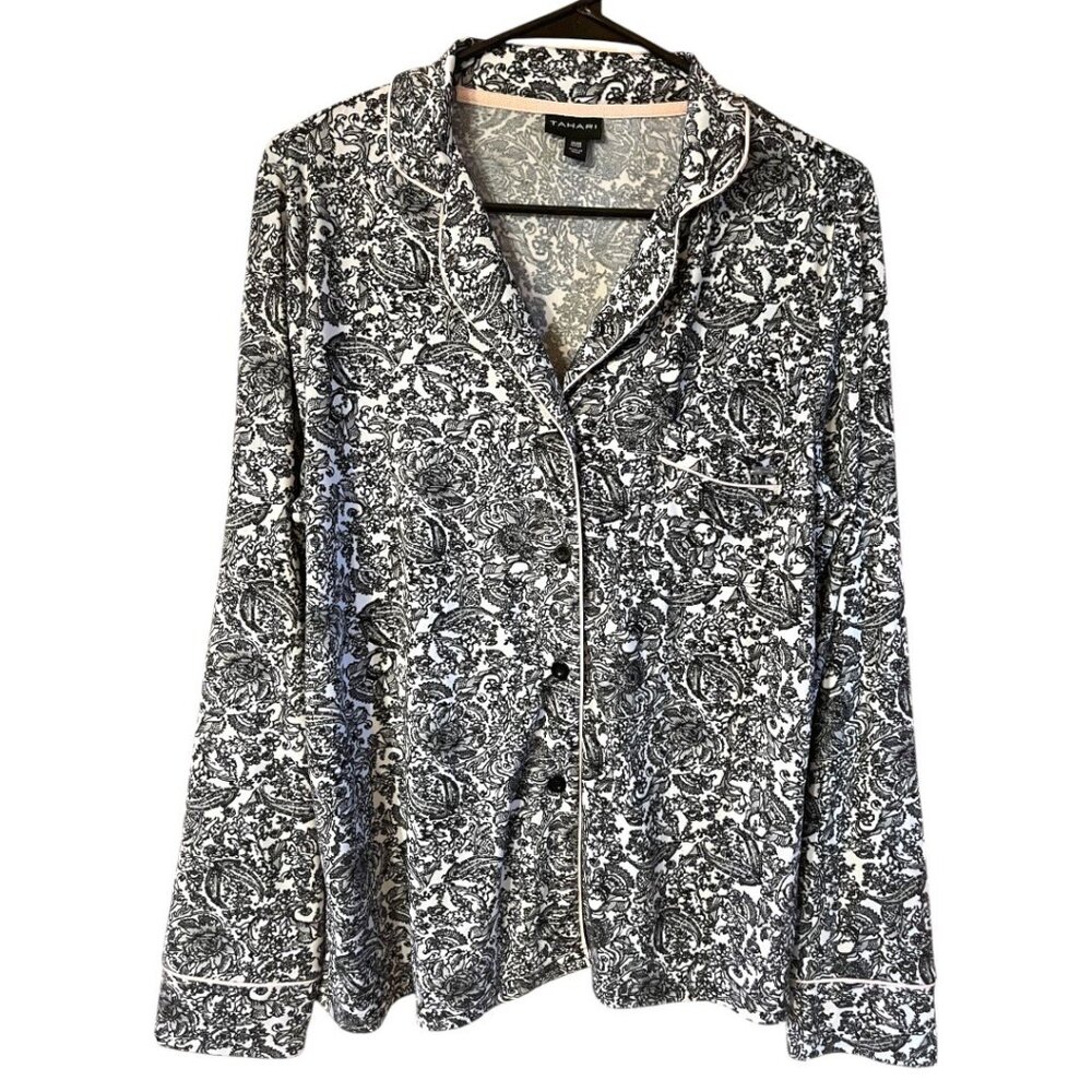 Tahari Womens Black & White Floral Pajama Top Long Sleeve Button-Up Pink Trim M